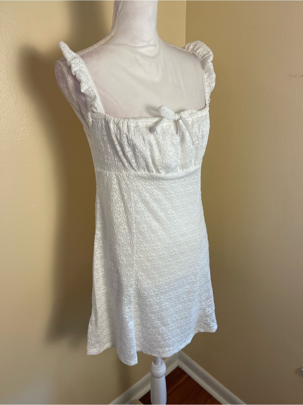 Milkmaid White Lace Mini Dress Stretchy Bow Ruffle Strap Cottagecore Coquette L - Picture 14 of 14